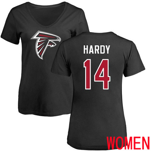 Atlanta Falcons Black Women Justin Hardy Name And Number Logo NFL Football #14 T Shirt